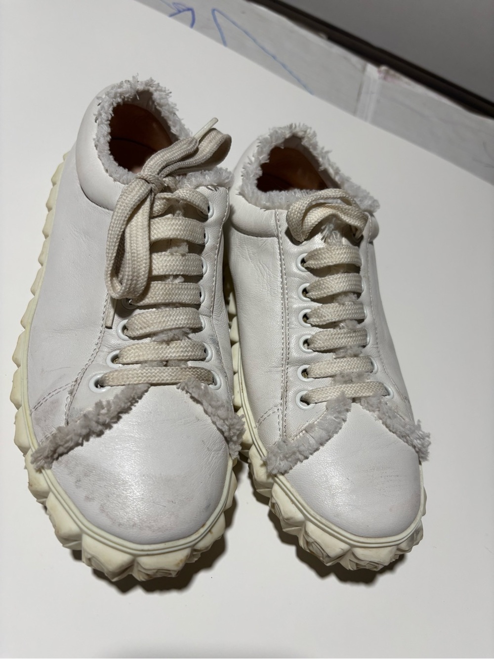 Stuart Weitzman White Lace-Up Sneakers with Faux Shearling Trim
